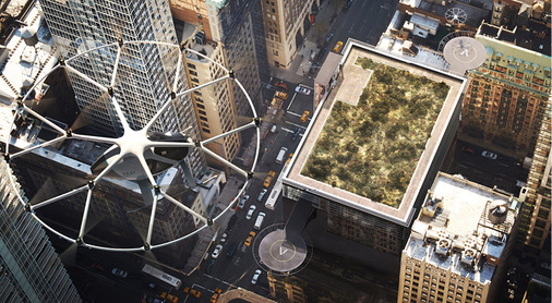 



Volocopter-Landeplätze können seitlich auf dem Dach von Hochhäusern montiert werden.
