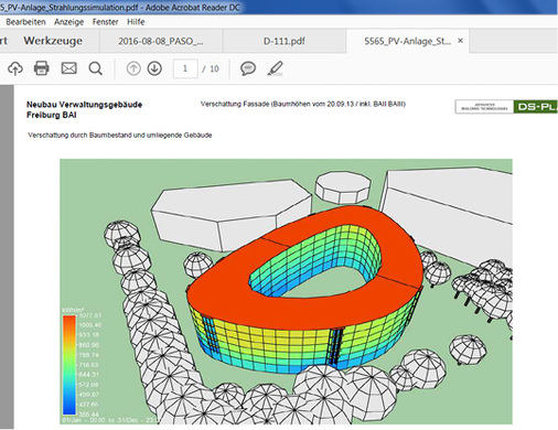 <p>
</p>

<p>
Einstrahlungssimulation des neuen Verwaltungszentrums in Freiburg.
</p> - © Grafik: A2-Solar

