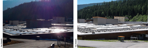 
Wegen der Blendwirkung wurde die links abgebildete Anlage neu ausgerichtet.
