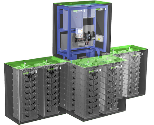 



Ein System des Gewerbespeichers Greenrock: acht Stacks mit einer Steuereinheit (oben).
