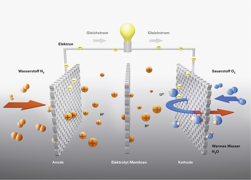 <p>
</p>

<p>
Prinzip einer Brennstoffzelle: Wasserstoff und Sauerstoff verbinden sich kalt zu Wasser. Dabei werden Elektronen frei: Ein Strom kann fließen.
</p> - © Grafik: Viessmann

