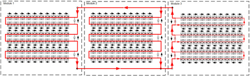 
Das Schema zeigt den Stromfluss, wenn zwei parallel geschaltete Solarmodule mit einem dritten Modul antiparallel geschaltet werden.



