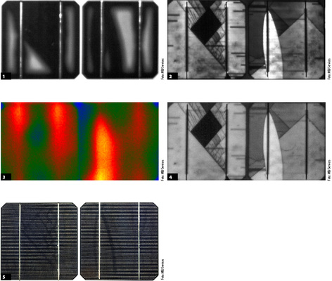 <p>
Die Aufnahmen zeigen jeweils die gleichen zwei Zellen und wurden mit verschiedenen Mess- beziehungsweise Aufnahmetechniken angefertigt. Bild 1 zeigt die Mikrorissaufnahme mittels UV-Fluoreszenz, Bild 2 wurde mit Elektrolumineszenz erstellt, Bild 3 mit Infrarot, Bild 4 mit Elektrolumineszenz mit geringem Strom. Bild 5 zeigt das Echtfoto der betroffenen Zellen. 
</p>