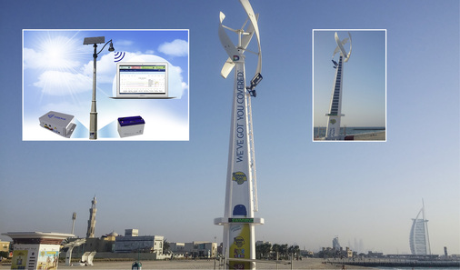 
Dieser Mast in Dubai nutzt ein Windrad und auf der Rückseite auch Photovoltaik zur Stromversorgung der Promenadenbeleuchtung am Strand.



