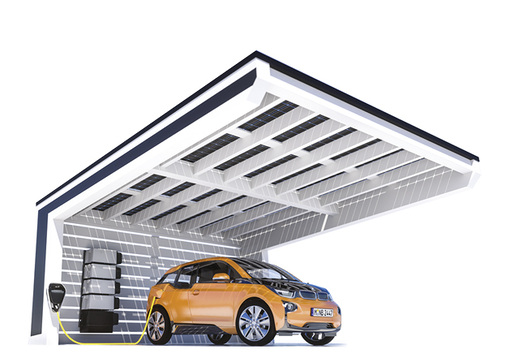 
Modernes Laden unter einem Solar-Carport mit Speicher.



