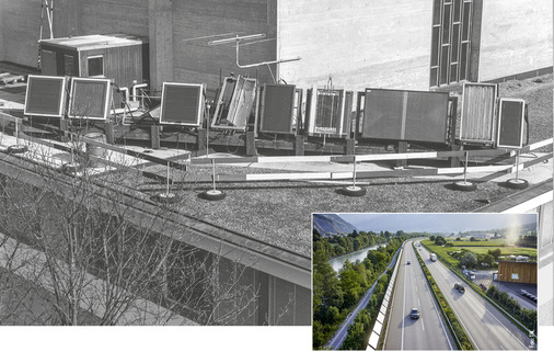<p>
</p>

<p>
Prüfstand für Solarkollektoren auf dem Versuchsreaktor Diorit in Würenlingen. Er wurde von Thomas Nordmann im Jahr 1975 errichtet. Rechts: solare Lärmschutzwand von 1989 bei Chur.
</p> - © Foto: TNC


