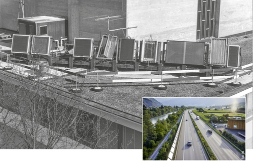 



Prüfstand für Solarkollektoren auf dem Versuchsreaktor Diorit in Würenlingen. Er wurde von Thomas Nordmann im Jahr 1975 errichtet. Rechts: solare Lärmschutzwand von 1989 bei Chur.

