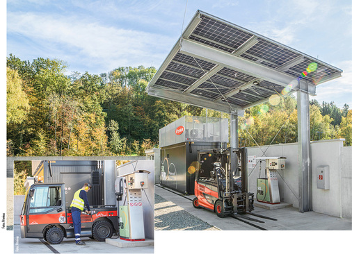 <p>
Der Sonnenstrom wird im Sommer über einen Elektrolyseur als Wasserstoff gespeichert. Das Gas steht als saisonaler Speicher ganzjährig zur Verfügung – auch im Winter.
</p>