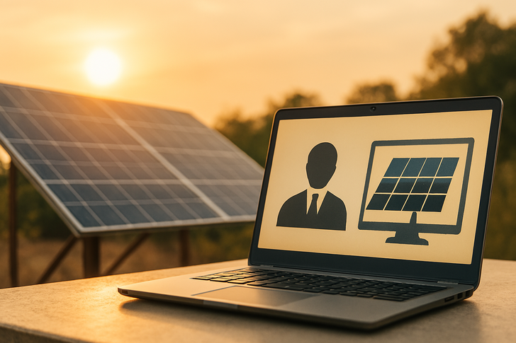 Laptop mit einer Solarpanel-Grafik auf dem Bildschirm, Sonnenkollektoren und Sonnenuntergang im Hintergrund. - © Erzeugt mit chatgpt durch MECS