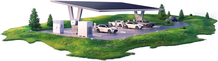 Solarbetriebene EV-Ladestation mit geparkten Autos, umgeben von grünem Gras und Bäumen. - © Huawei Digital Power