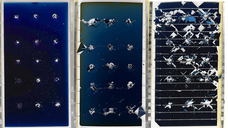 TOPCon-Module (rechts) zeigen sich im Test weniger robust als AIKOs BC-Technologie mit Kupfer (links) oder Silber (Mitte).