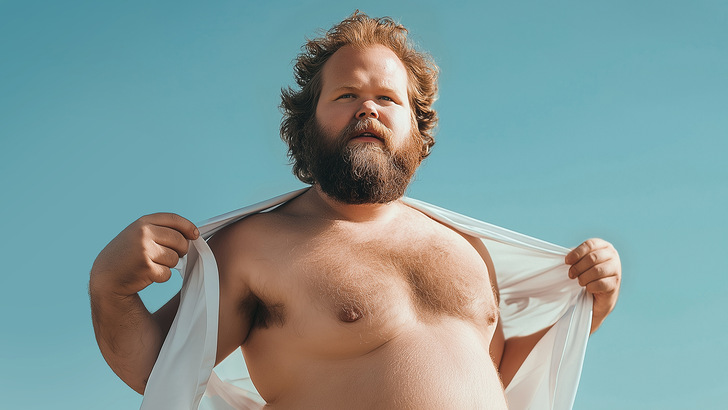 Bärtiger Mann im Freien, der ein weißes Hemd aufgeschlagen hält und seine Brust vor einem klaren blauen Himmel entblößt. - © PMT 2025