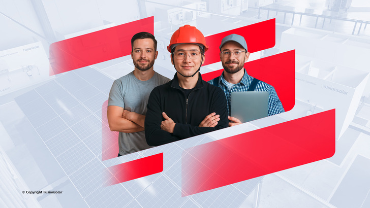 Drei Männer, einer davon mit einem Schutzhelm, stehen selbstbewusst vor Industrie- und Solarpanels. - © Huawei Deutschland