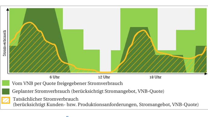 Die Quote definiert die maximale Leistung, die Verbraucher als Teilnehmer am Quotenmodell für einen gewissen Zeitraum an einem konkreten Tag nutzen dürfen. - © Grafik: BNE
