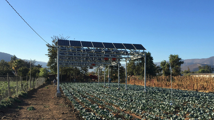 Die bisherigen Anlagen dieser Art stehen auf Gemüsefeldern. Jetzt soll auch die Wirkung der Verschattung und den Schutzes durch die Solarmodule auf Apfelbäume erforscht werden. - © Fraunhofer ISE

