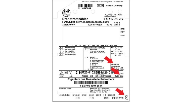 Zähler mit diesen Angaben auf dem Produkt-Label erfüllen die neue Safetynorm. - © EMH Metering
