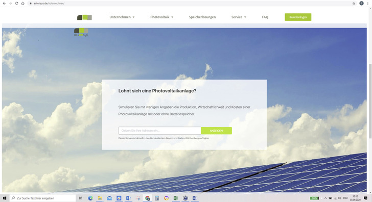 Einbindung des Solarrechners in den Webauftritt von Actensys. - © Foto: Actensys
