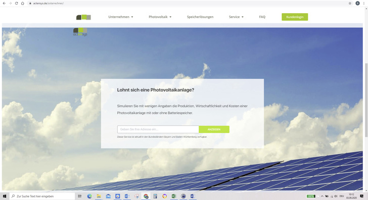 Einbindung des Solarrechners in den Webauftritt von Actensys.