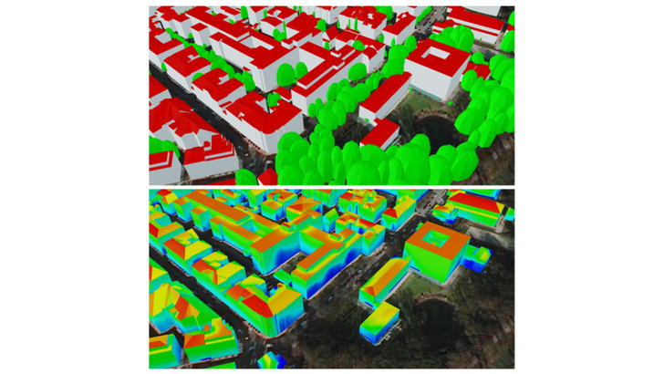 Die Forscher haben die Gebäude als Quader mit Falchdach modelliert. Allerdings haben sie auf der Basis der Geodaten der Bayerischen Vermessungsverwaltung aus dem Jahr 2019 die Verschattung mit eingerechnet. - © Behnisch et al./IÖR
