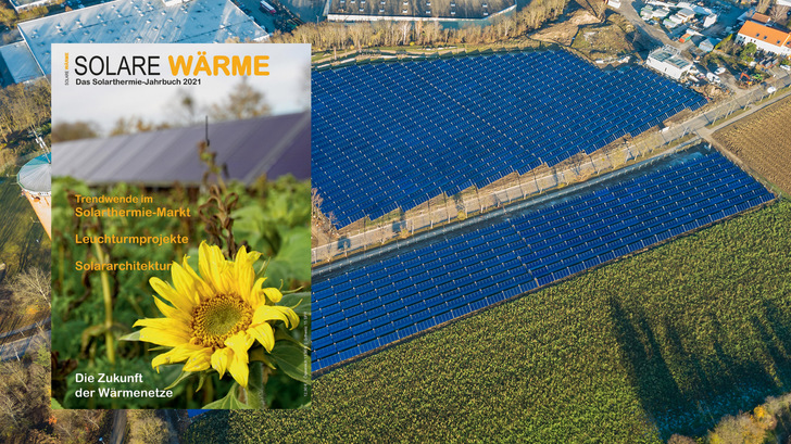 Cover des neuen Jahrbuchs. Im Hintergrund: Die solarthermische Anlage in Ludwigsburg, derzeit die größte ihrer Art in Deutschland.