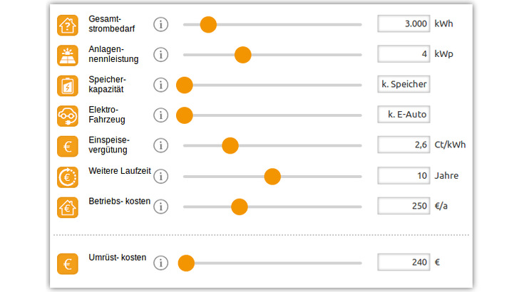 In den neuen Rechner kann der Anlagenbetreiber sämtliche relevanten Daten der Anlage und seines Stromverbrauchs eingeben. Hier soll eine Anlage mit vier Kilowatt Leistung auf Eigenverbrauch umgestellt werden.