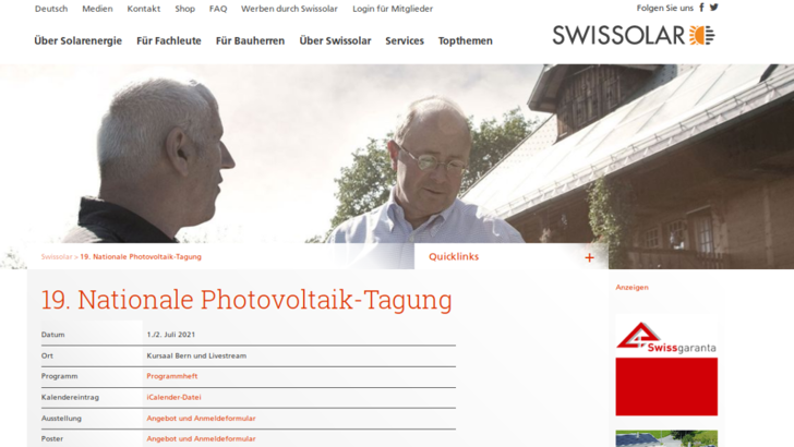 Die Tagung in Bern steht im Internet bereit, zur Information und zur Anmeldung. - © Swissolar
