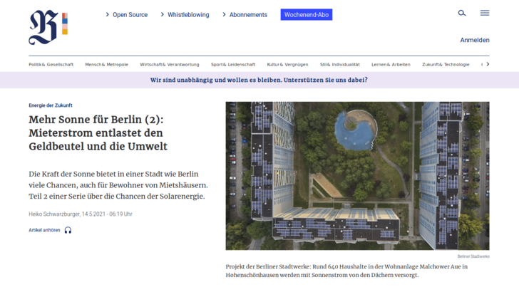 Der zweite Teil der Ratgeberserie in der Berliner Zeitung stellt Modelle zum Mieterstrom vor.