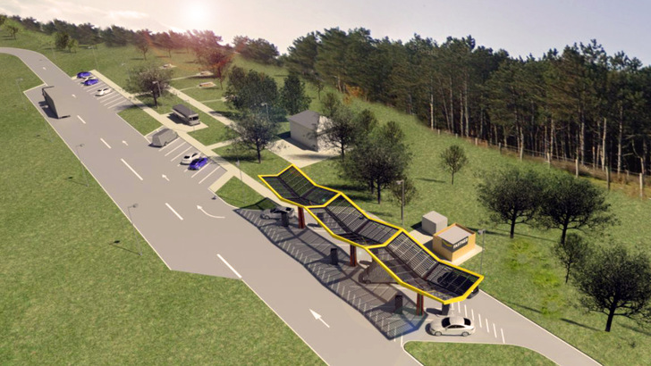 So stellen sich die Planer von Fastned die Elektrotankstelle an einer Autobahn vor: Schnlellladesäulen kombiniert mit Rast- und Einkaufsmöglichkeiten.