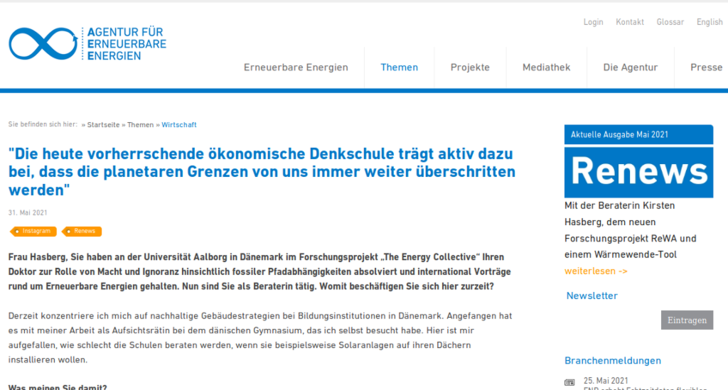 Screenshot des Interviews auf der Website der Agentur für Erneuerbare Energien.