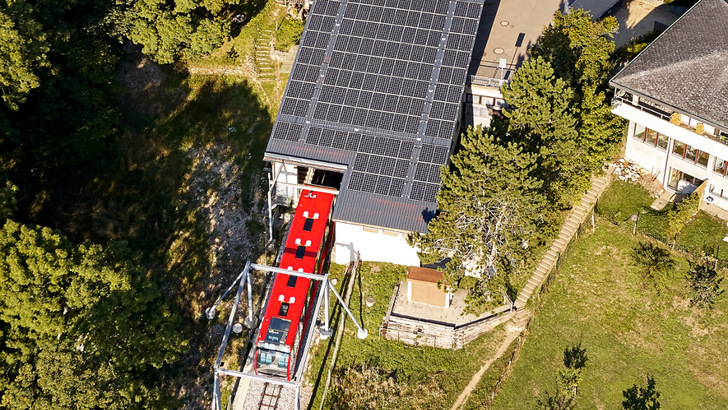 Auf der Bergstation liefert eine Solaranlage Strom für die Seilbahn. Zudem zieht der talwärts fahrende Zug die entgegenkommende Bahn nach oben. Auch die Bremsen liefern Strom für den Betrieb.