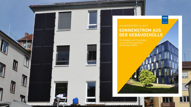 Das neue Fachbuch zur BIPV widmet einen Schwerpunkt den Solarfassaden. Im Bild: Montage von Solarmodulen an der Südfassade des Gentner Verlages in Stuttgart. - © Stadtwerke Stuttgart/VDE Verlag
