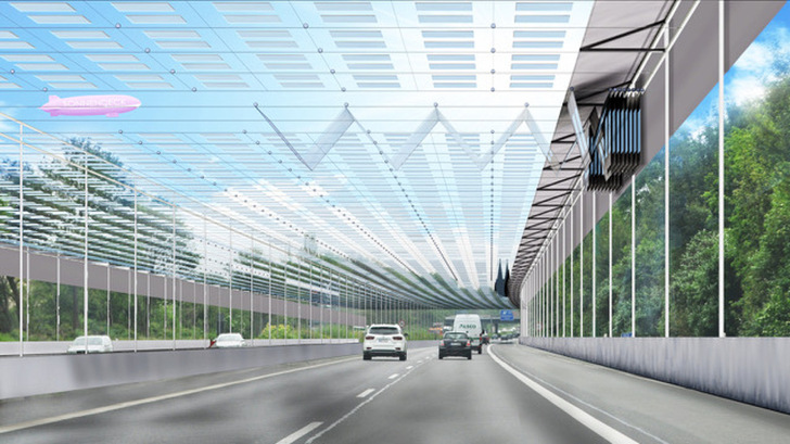 Die Autobahnen rund um Köln mit Solardächern zu versehen, könnte enorme Potenziale für sauberen Strom nutzbar machen - und die Wartungskosten für die Verkehrswege deutlich senken. - © GUT Köln/Kepler32
