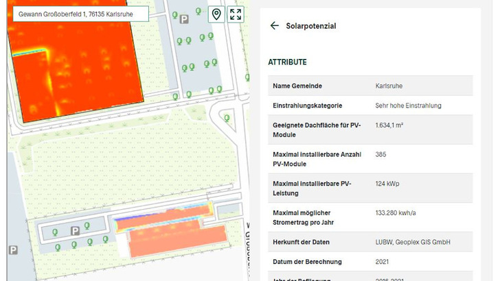 Das Solarkataster erlaubt detaillierte Berechnungen für jedes Gebäude. - © LUBW
