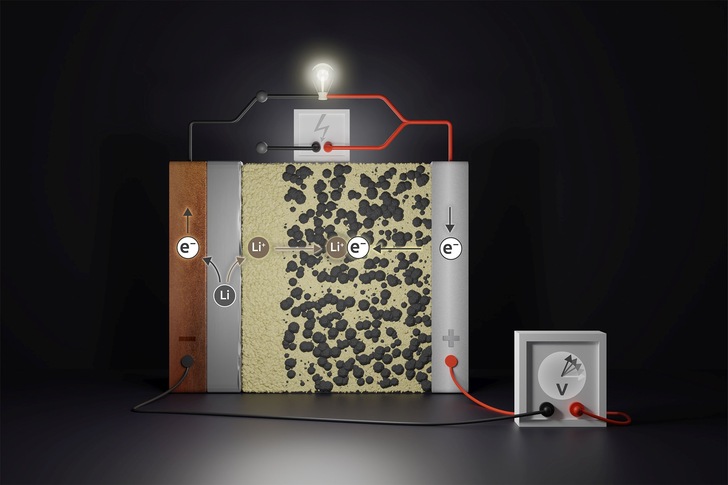 Schematischer Aufbau einer Festkörperbatterie. - © Grafik: JLU/Elisa Monte
