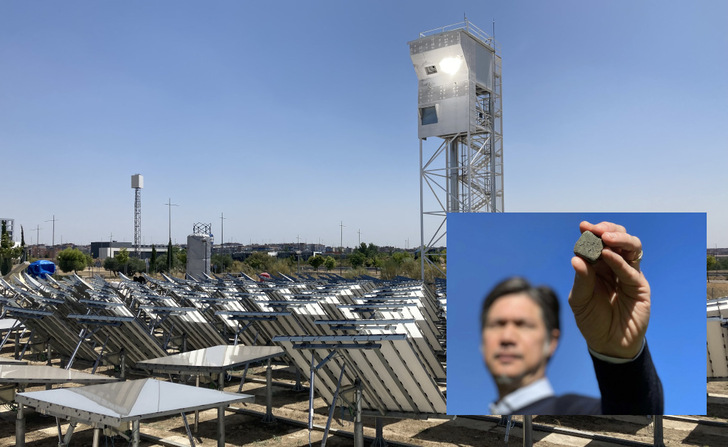 Die Spiegel bündeln das Sonnenlicht, im Receiver entstehen 1.500 Grad Celsius. Kleines Bild: solar erzeugter Zementklinker.