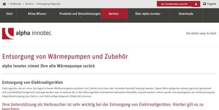 Die Rücknahme kann bequem per Webseite erledigt werden. - © Alpha Innotec
