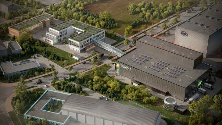 So wird die neue Gigafabrik in Lutherstadt Wittenberg aussehen. Das Forschungs- und Entwicklungsgebäude wird mit einer Fußgängerbrücke mit dem Produktionsgebäude verbunden sein. - © Tesvolt
