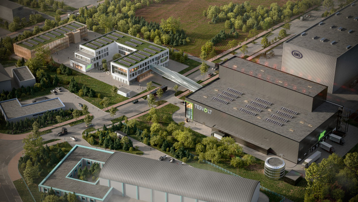 So wird die neue Gigafabrik in Lutherstadt Wittenberg aussehen. Das Forschungs- und Entwicklungsgebäude wird mit einer Fußgängerbrücke mit dem Produktionsgebäude verbunden sein.
