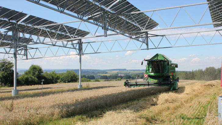 Ob hoch aufgeständert über Ackerflächen oder als Schutzdach für Beeren und Kernobst: Die Agriphotovoltaik verspricht viel Mehrwert für die Landwirte. - © Fraunhofer ISE
