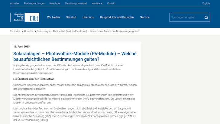Das DIBt hat auf seiner Webseite die Neuerung verkündet und gibt einen Überblick über die Anforderungen an Solarmodule.
