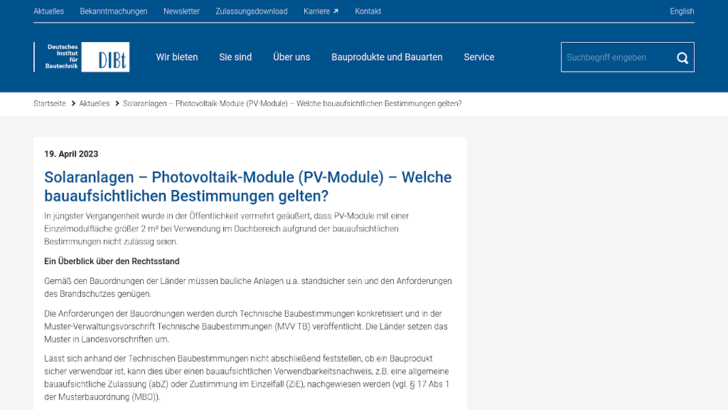 Das DIBt hat auf seiner Webseite die Neuerung verkündet und gibt einen Überblick über die Anforderungen an Solarmodule. - © DIBt
