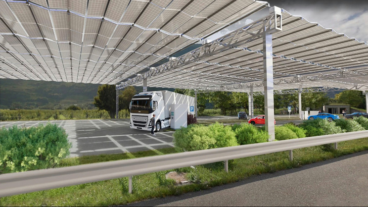 Die Projektpartner haben schon mal simuliert, wie das solare Faltdach an der Raststätte Ardon Süd an der A9 in Wallis aussehen soll. - © DHP Technolgy
