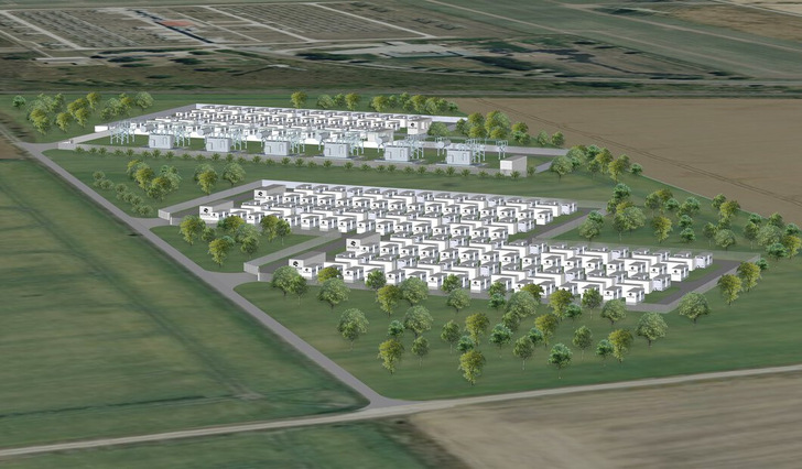 So soll der Großspeicher in Förderstedt einmal aussehen. Das gesamte Speicherwerk wird über 300 Megawatt Leistung und 600 Megawattstunden Speicherkapazität verfügen.