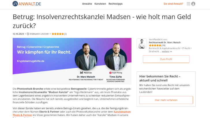 Auf Anwalt.de wird vor der neuen Masche gewarnt.