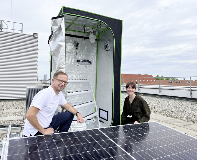 Lena Strobl (rechts) und Professor Mathias Rudolph an der Growbox, die mit Solarmodulen versorgt wird. - © Foto: HTWK Leipzig
