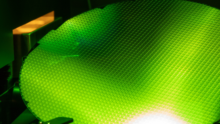 Waferscheibe mit 200 Millimetern Durchmesser für Mikrochips bei Infineon in Dresden.
