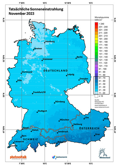 Solarer Einstrahlungsatlas für die DACH-Region im November 2023. - © Meteotest

