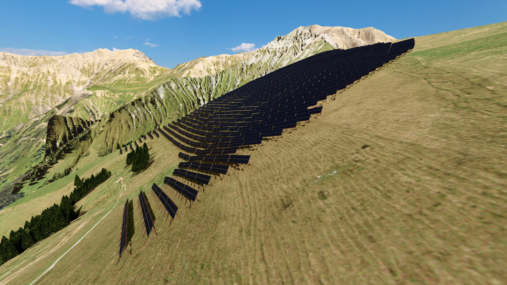 Eine Visualisierung der Planung für eine alpine Solaranlage.