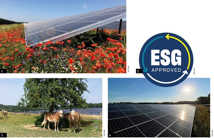 1. Solarparks bieten die Chance, die Biodiversität von ehemaligen Brachflächen aufzuwerten. 
 2. ESG-Siegel von Sens. 
 3. Zu den ESG-Kriterien gehören auch ökologische ­Aspekte. 
 4. Solarparks müssen höchste ESG-Standards erfüllen.