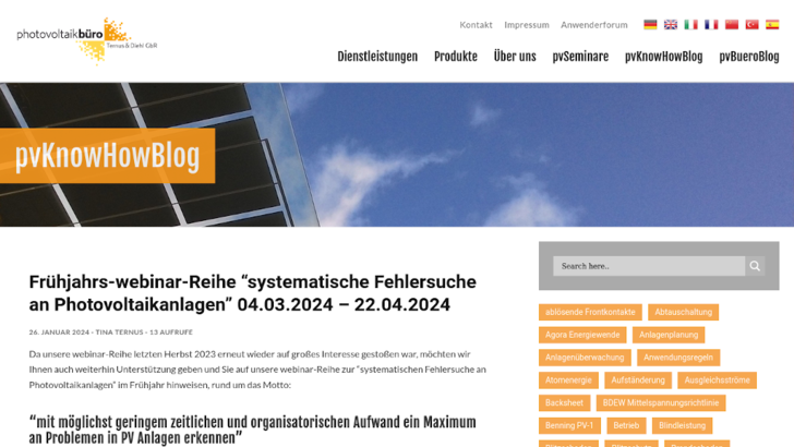 Die Website des Photovoltaikbüros mit dem Angebot an Webinaren und Seminaren wird laufend aktualisiert. - © PV-Büro
